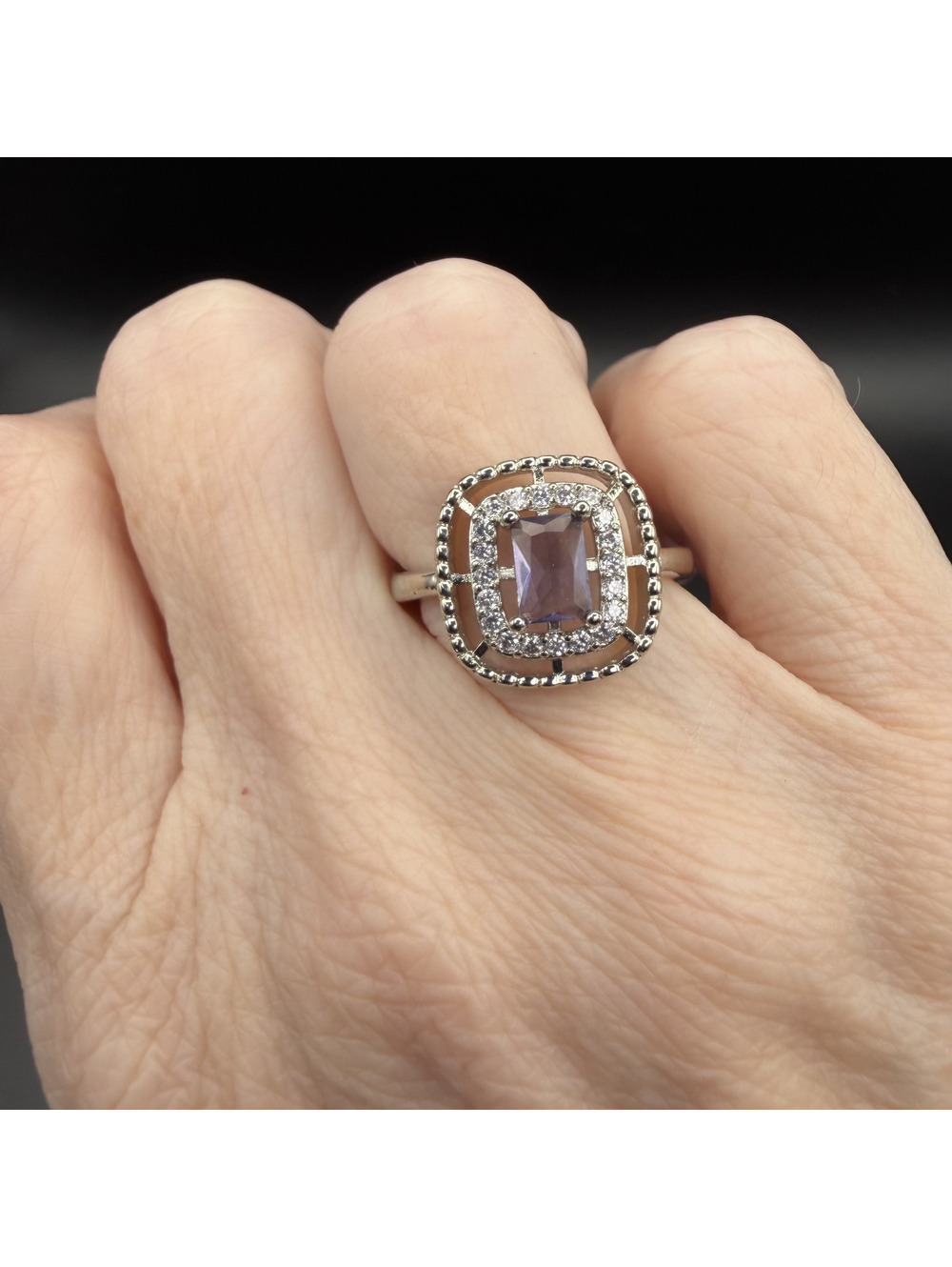 candy+clover Purple Crystal Halo Silver Tone Adjustable Ring